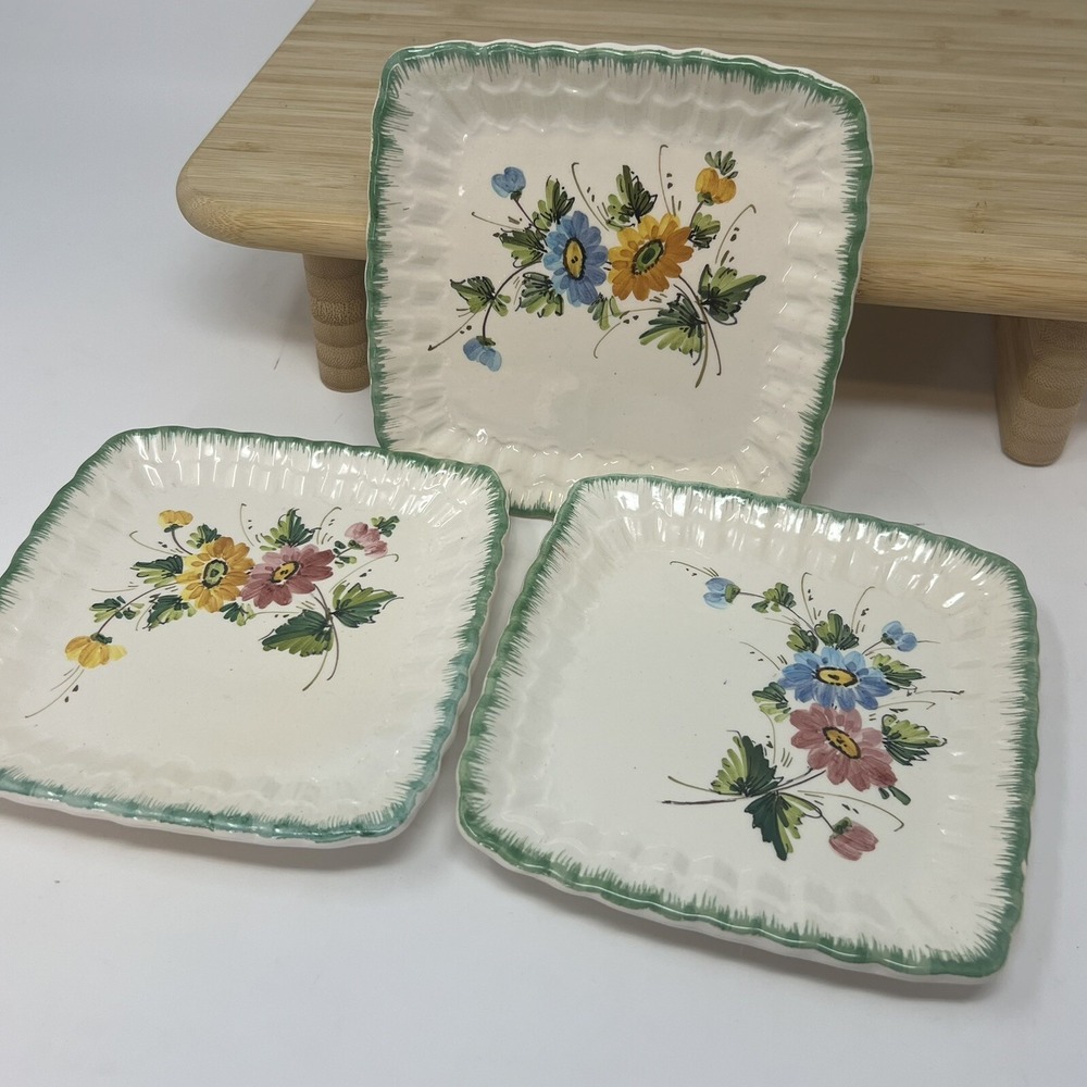 Set Of 3‎ Vintage Small Hand Painted Floral Italian Plates 5" Square Small Chip